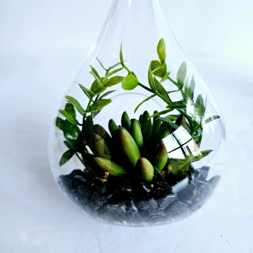 Set of 2 Glass Teardrop‎ Hanging Terrariums with Faux Succulents Home Decor